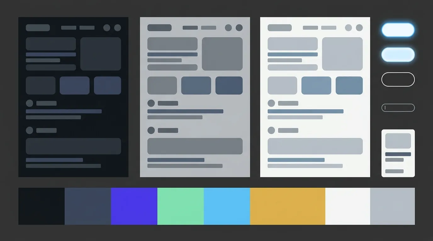 An abstract preview of the PrivateGPT Asia interface in dark, light and system themes, shown with the product colour palette and interface component styles.